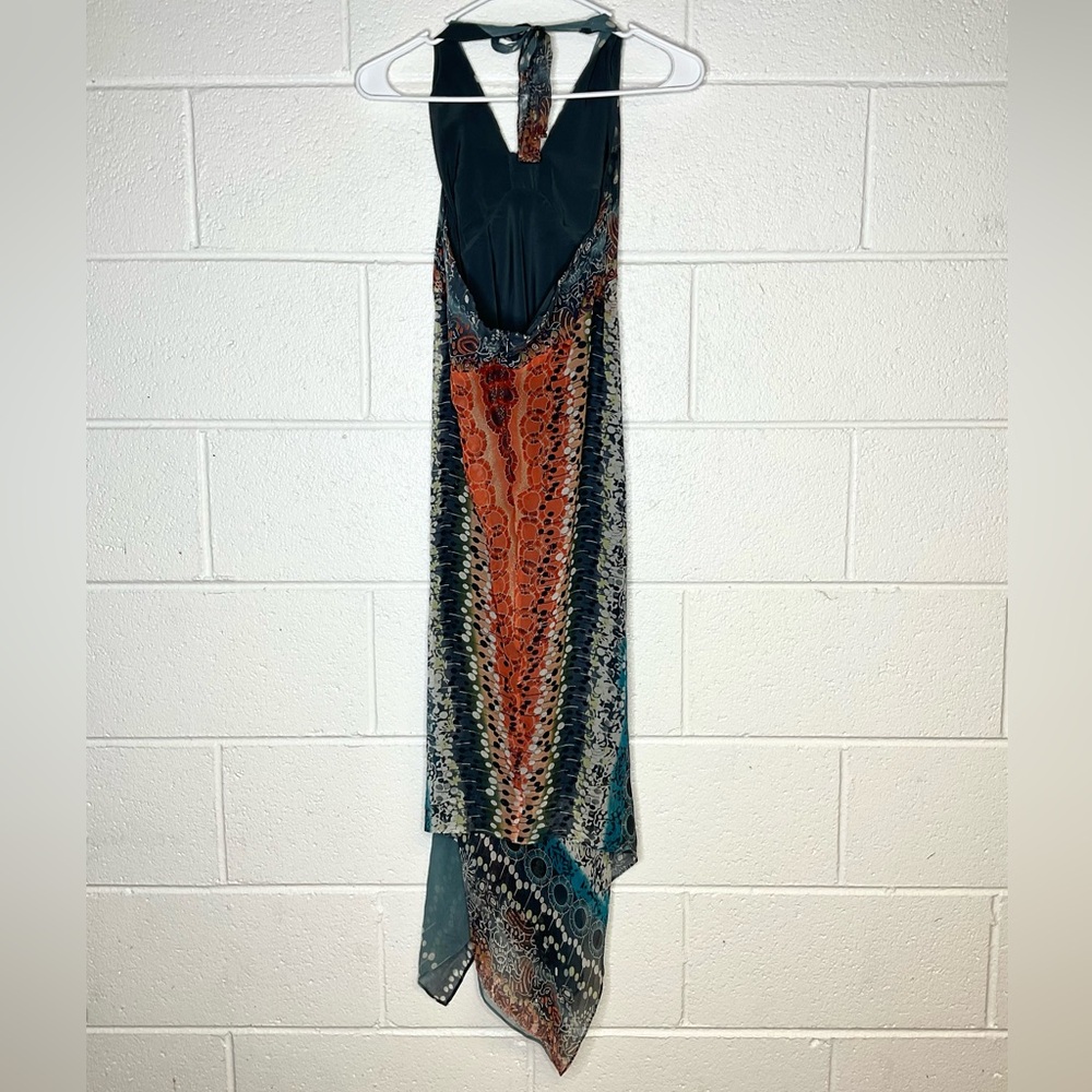 < Y2K Adrianna Papell Asymmetrical Blue and Brown Halter Dress > - Picture 2 of 3